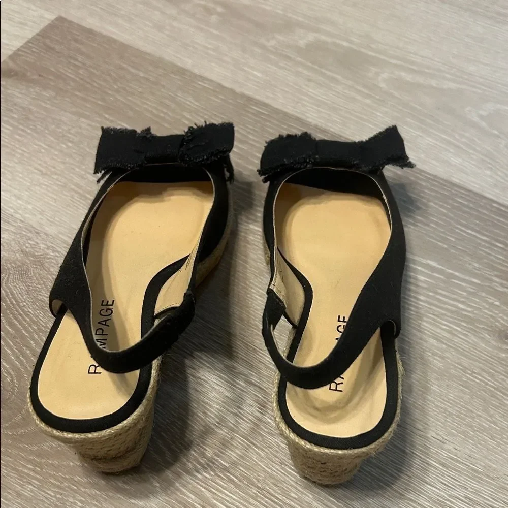 Rampage Dezie Wedge Slingbacks Raw Edge Black Linen Bows Espadrilles Sz 7